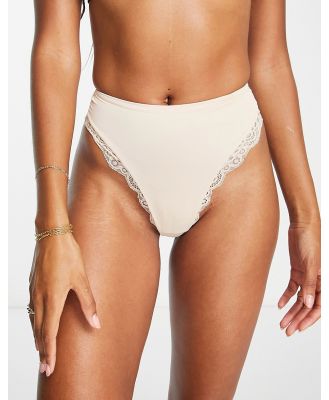 Dorina high waist medium control contour shaping thong with lace detail in light beige-Neutral