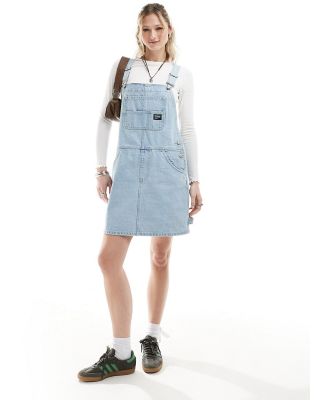 Dr Denim Connie relaxed fit mini dungaree dress in pebble superlight retro wash-Blue