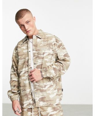 Dr Denim Split relaxed fit coach jacket in taupe camo with happy hour back print (part of a set)-Neutral