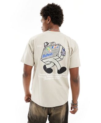 Dr Denim Trooper American 90s cut relaxed fit t-shirt with 'world traveller' graphic back print in pale taupe-Neutral
