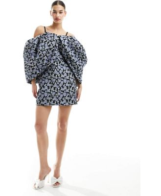 Dream Sister Jane multi-way puffball mini dress in pewter floral-Blue