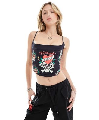 Ed Hardy lace up back square neck corset top in skull print-Black