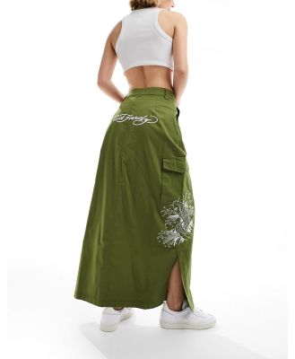 Ed Hardy midi cargo skirt with koi wave embroidery-Green