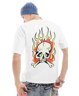 Ed Hardy oversized t-shirt with logo front and flaming skull back print-White