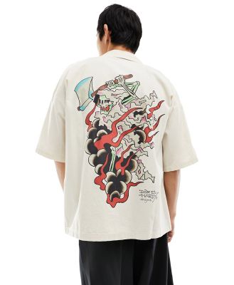 Ed Hardy relaxed bowling shirt with gothic logo and back print-White