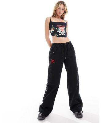Ed Hardy relaxed cargo pants with red script bum logo-Black