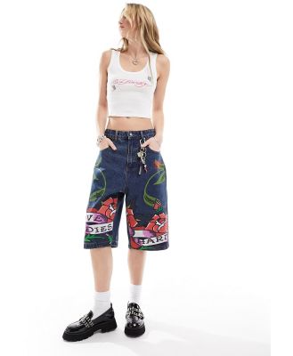 Ed Hardy relaxed skater longline denim shorts with peachy bum print-Blue