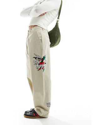 Ed Hardy skater chino pants with embroidery detail in pebble-White