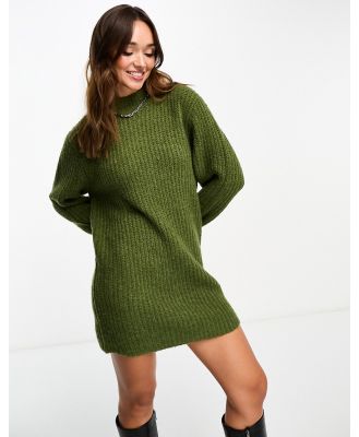 Edited balloon sleeve knitted mini jumper dress in khaki-Green