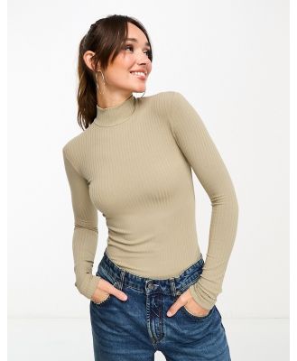 Edited long sleeve high neck ribbed top in camel-Neutral