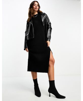 Edited long sleeve knitted midaxi dress with split in black