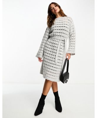 Edited tie waist open knit midi jumper dress in stone grey