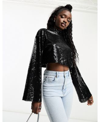 Edited wide sleeve crop top in black sequin (part of a set)