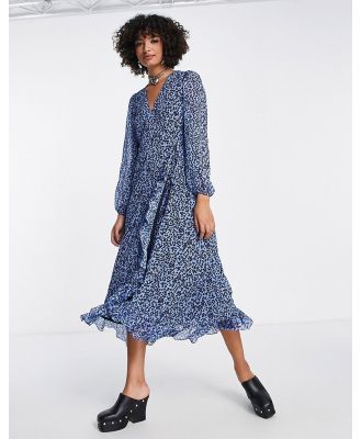 Edited wrap front midi dress with frill detail in blue ditsy floral