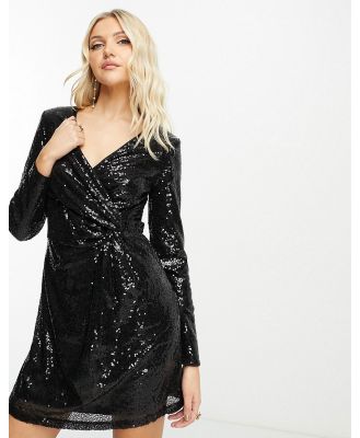 Edited wrap front mini dress in black sequin