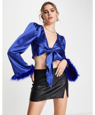 Ei8th Hour satin crop top with faux feather trim in blue