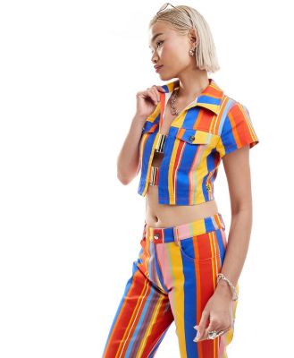 Elsie & Fred buckle front collar detail crop top in 70s stripe (part of a set)-Multi