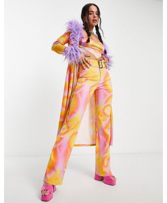Elsie & Fred low rise Y2K belted fitted flare pants in 70s swirl (part of a set)-Multi