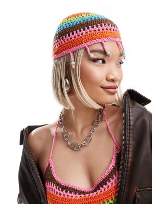Elsie & Fred pink stripe crochet bonnet with bead detail (part of a set)-Multi