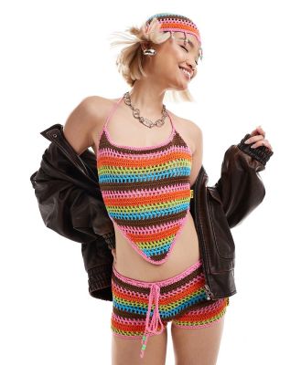 Elsie & Fred pink stripe crochet halter neck crop top (part of a set)-Multi