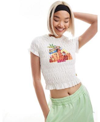 Elsie & Fred ruched crop t-shirt with retro beach graphic-White
