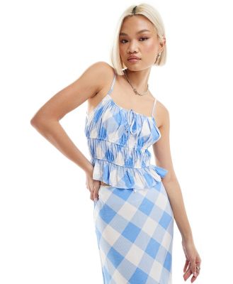 Emory Park milkmaid shirred crop top in blue white check (part of a set)