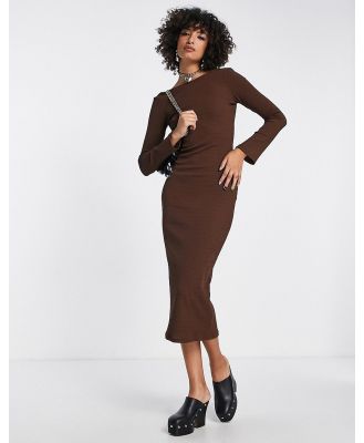 Envii knitted midi dress with bell sleeves and open back in chocolate brown