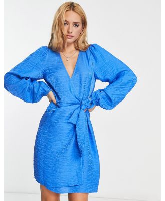 Envii wrap front balloon sleeve mini dress in blue jacquard