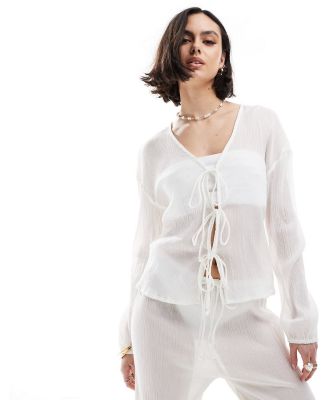 Esmee beach long sleeve tie front textured sheer shirt in white (part of a set)