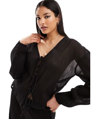Esmee beach long sleeve tie front textured shirt in black (part of a set)