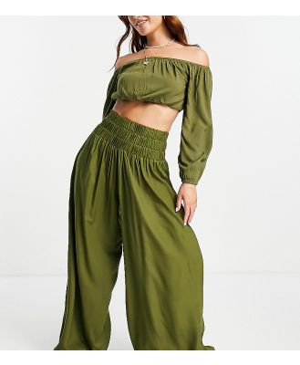 Esmee Exclusive shirred wide leg beach pants in khaki (part of a set)-Green
