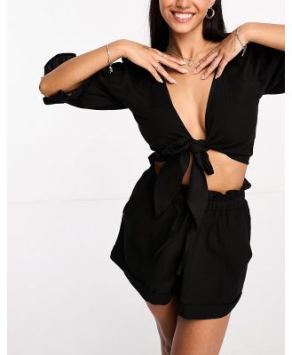 Esmee tie detail beach crop top with exaggerated sleeves in black (part of a set)