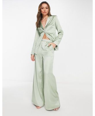 Extro & Vert Bridesmaid pleated satin wide leg pants with heart jewel button (Part of a set)-Green