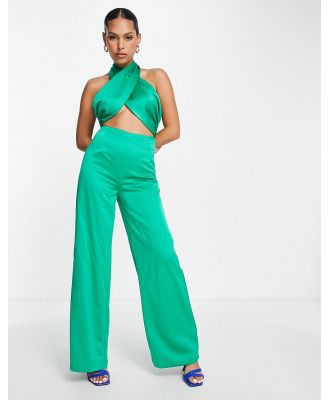 Extro & Vert halterneck jumpsuit with palazzo pants in emerald satin-Green