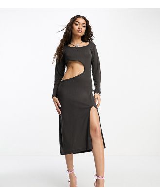 Extro & Vert Petite thick ribbed knit midi dress with cutout in slate-Grey