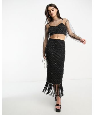 Extro & Vert Premium maxi skirt with pearl embellished layer & fringe in black (part of a set)