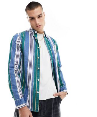 Farah Burghino casual fit long sleeve stripe denim shirt in blue