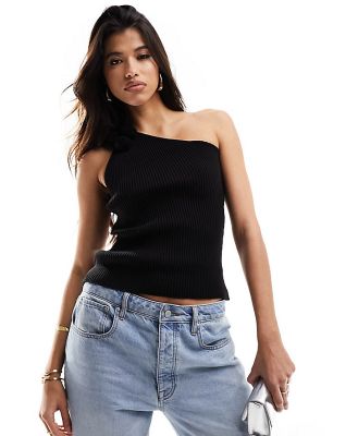 Fashionkilla knitted one shoulder corsage detail top in black