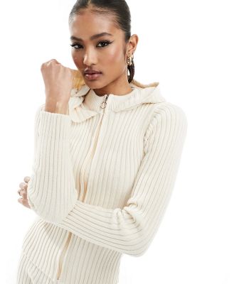 Fashionkilla knitted zip through hoodie jumper in cream (part of a set)-White