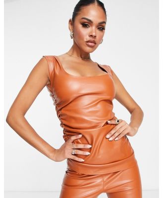 Fashionkilla leather look ruched side top in rust (part of a set)-Orange