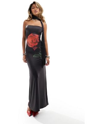 Fashionkilla slinky double layered bandeau maxi dress in black rose print-Multi