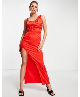 Femme Luxe asymmetric strap satin midi dress with thigh spilt in red
