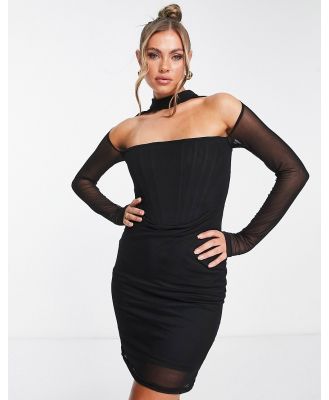 Femme Luxe mesh long sleeve corset style midi dress in black
