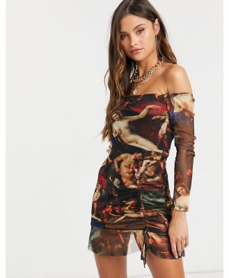 Femme Luxe off-the-shoulder long-sleeved mini dress in multi angelic print