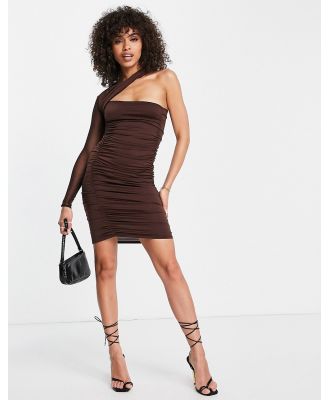 Femme Luxe one shoulder ruched mini dress in chocolate-Brown
