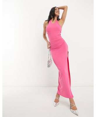 First Distraction the label halterneck maxi dress with front split in cerise-Pink