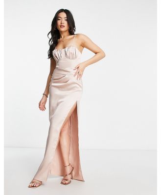 First Distraction The Label satin ruched maxi dress with thigh split in stone-White