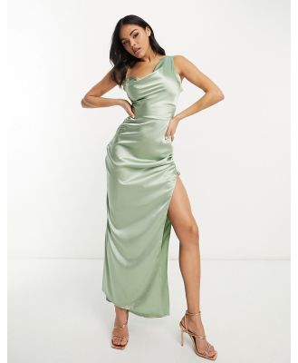 First Distraction the label statement one shoulder satin maxi dress in sage-Green