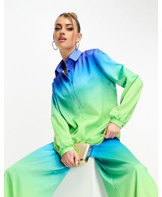Flounce London button up oversized satin shirt in ombre blue and green (part of a set)-Multi