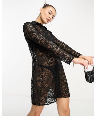 Flounce London lace mini shirt dress in black